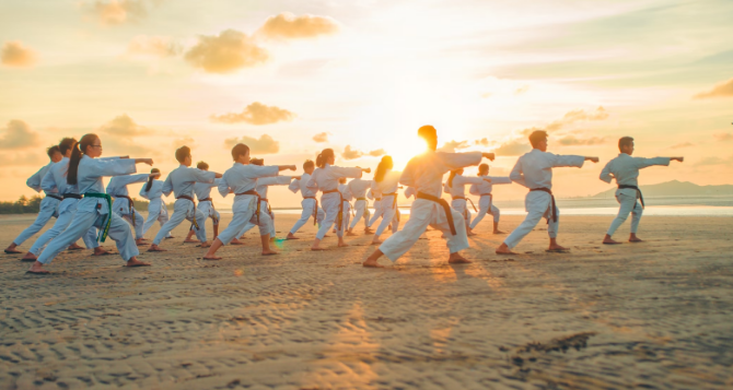 martial arts practice in the beach