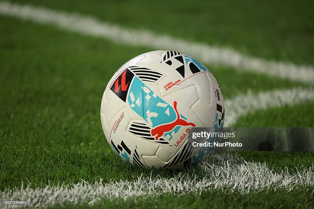 The official ball of LaLiga EA Sports for the 2025-26 season is used during the match between Girona FC and Wolverhampton Wanderers FC, corresponding to the friendly match of the Costa Brava Trophy, at the Montilivi Stadium in Girona, Spain, on August 3, 2025. (Photo by Joan Valls/Urbanandsport/NurPhoto via Getty Images) (Photo by Urbanandsport/NurPhoto via Getty Images)