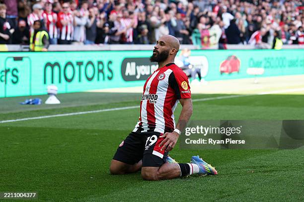 BRENTFORD, ENGLAND - APRIL 19: Bryan Mbeumo of Brentford celebrates scoring his team's second goal during the Premier League match between Brentford FC and Brighton & Hove Albion FC at Gtech Community Stadium on April 19, 2025 in Brentford, England. (Photo by Ryan Pierse/Getty Images)