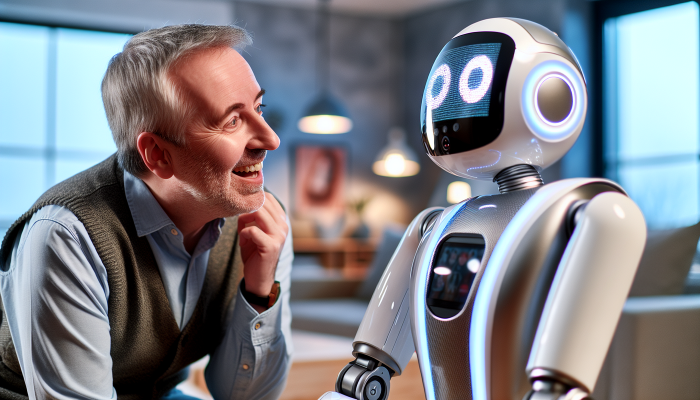 A sports fan talking to his AI companion inside the house while watching sports