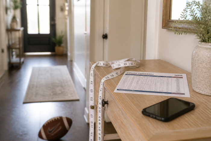 _tape-measure,-football,-and-phone-on-table-in-hallway._