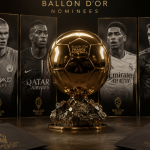 Ballon d’Or trophy surrounded by football nominees