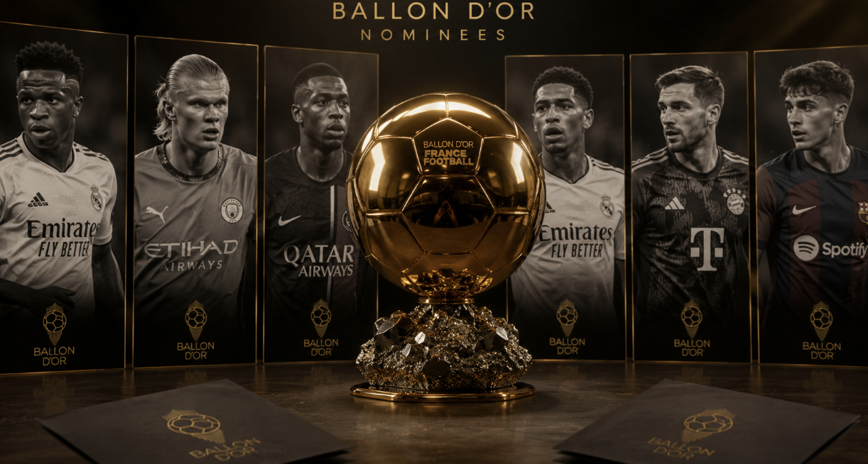 Ballon d’Or trophy surrounded by football nominees